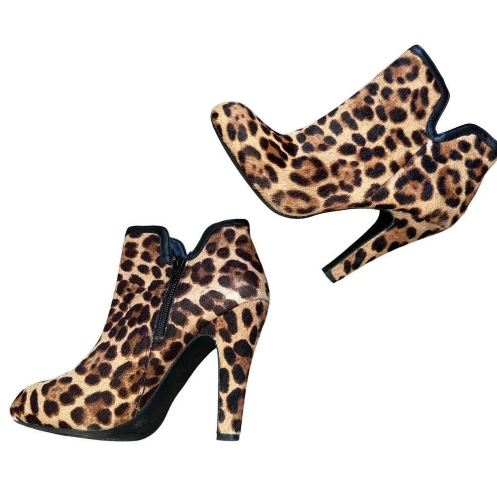 Leopard Print Pony Hair Leather‎ Trim Heel Booties 7.5M Gianni Bini